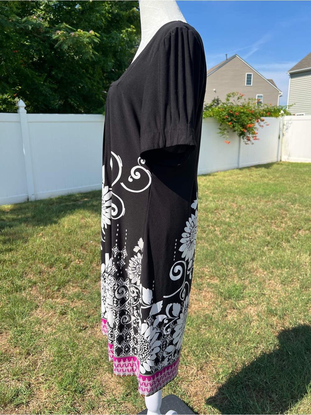 Ice Black Midi Dress with White Floral Print & Pink Border Square Neckline Sz 14 - Picture 5 of 14